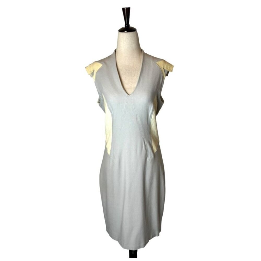 Helmut Lang Dress Women 10 Gray Cream Blistered Leather Panel Sheath Mini